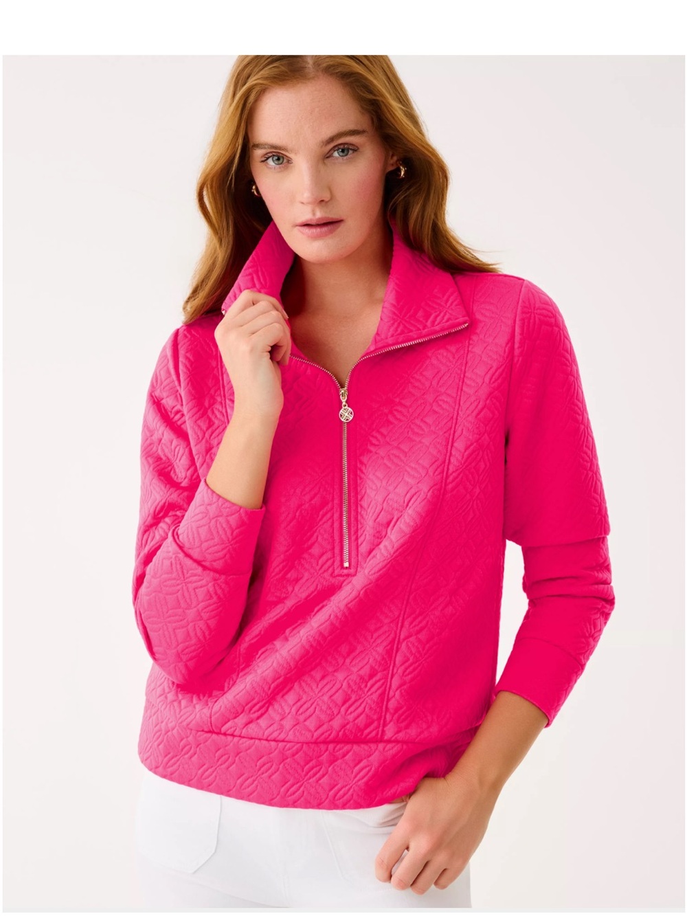 Lilly Pulitzer Eleni Pink Solid Quilted 1/2 Zip Mock Neck Sweatshirt Women’s L